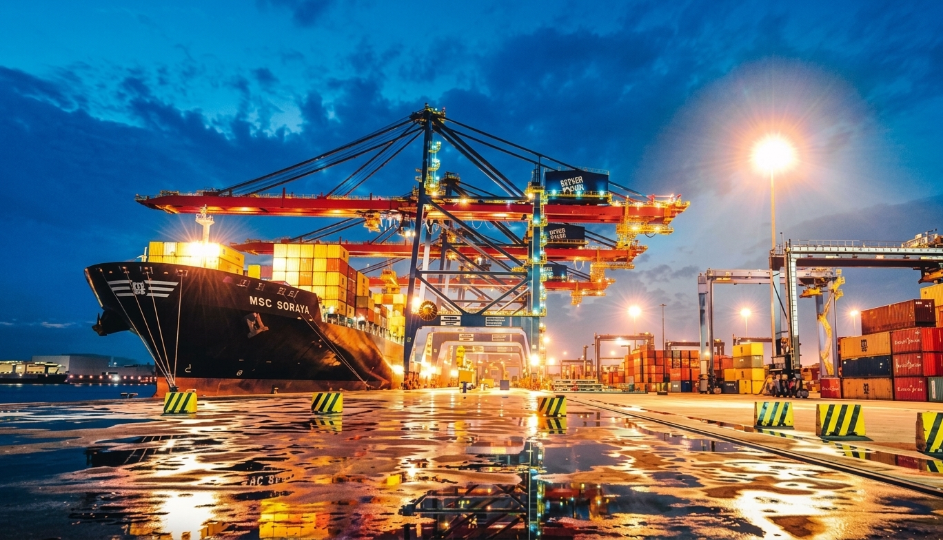 Navio porta-contêineres MSC SORAYA operando em terminal portuário